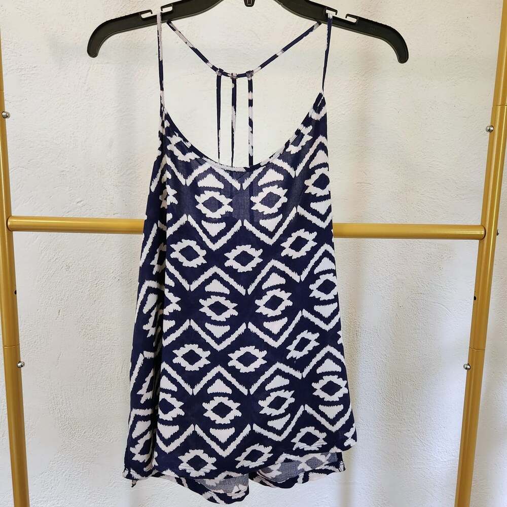 No Boundaries Tank Top Size L/G 11-13 Blue White Geometric Strappy Back